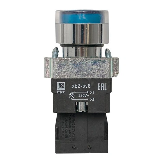 Кнопка EKF XB2; D отверстия= 22 мм; U=230 В; Синий; с подсветкой; возвратный; Плоская (-ий); IP40