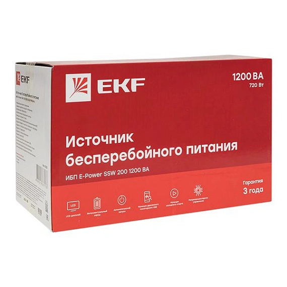 ИБП EKF E-Power SSW 200; 1200 ВА; 720 Вт; фаз вх/вых=1/1; розетки 3 x Schuko; 2x12В_7Ач
