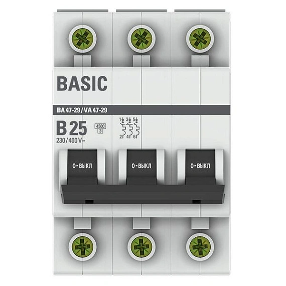 Автоматический выключатель EKF Basic, серия ВА 47-29; I=25 А; хар-ка B; полюсов 3; отключение 4,5 кА