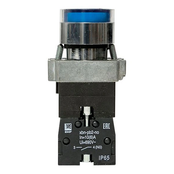 Кнопка EKF XB2; D отверстия= 22 мм; U=230 В; Синий; с подсветкой; возвратный; Плоская (-ий); IP65