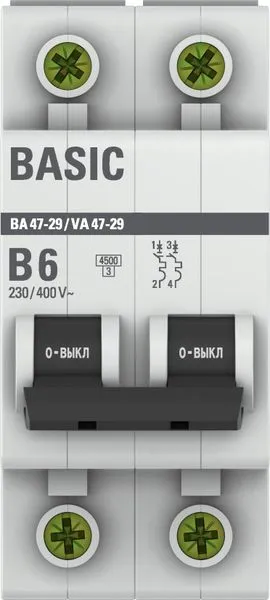 Автоматический выключатель EKF Basic, серия ВА 47-29; I=6 А; хар-ка B; полюсов 2; отключение 4,5 кА