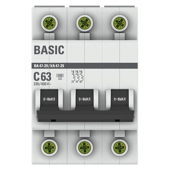 Автоматический выключатель EKF Basic, серия ВА 47-29; I=63 А; хар-ка C; полюсов 3; отключение 4,5 кА