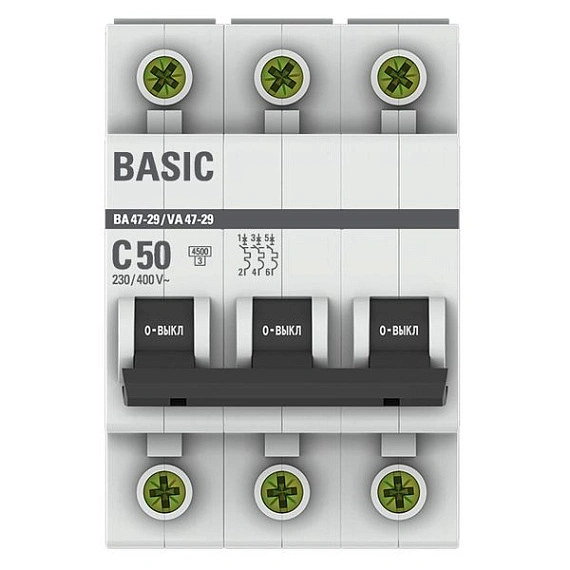 Автоматический выключатель EKF Basic, серия ВА 47-29; I=50 А; хар-ка C; полюсов 3; отключение 4,5 кА