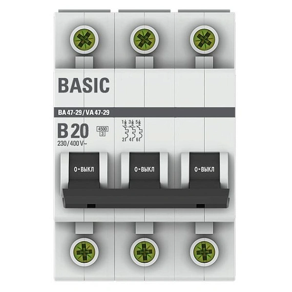 Автоматический выключатель EKF Basic, серия ВА 47-29; I=20 А; хар-ка B; полюсов 3; отключение 4,5 кА