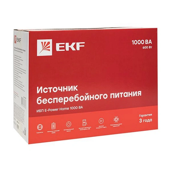 ИБП EKF E-Power HOME; 1000 ВА; 600 Вт; фаз вх/вых=1/1; розетки 8 х Schuko; 1x12В_9Ач