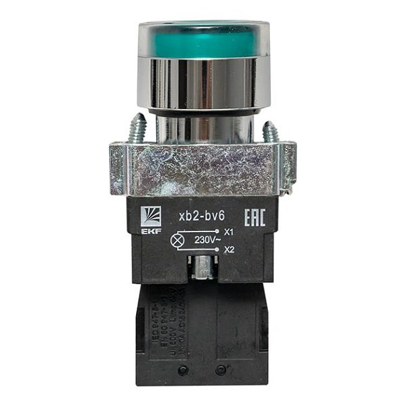 Кнопка EKF XB2; D отверстия= 22 мм; U=230 В; Зеленый; с подсветкой; возвратный; Плоская (-ий); IP40