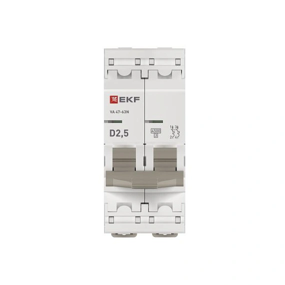 Автоматический выключатель EKF PROxima, серия ВА 47-63N 4,5кА; I=2,5 А; хар-ка D; полюсов 2; отключение 4,5 кА