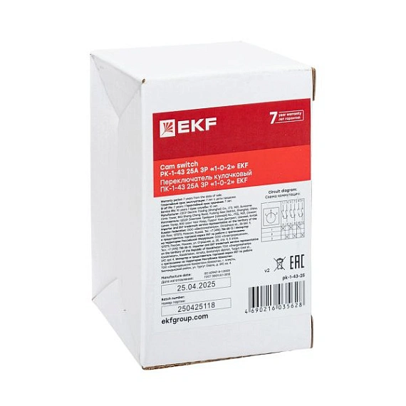 Переключатель кулачковый EKF; 3; полюсов 3; Iu=25 А; схема подключения 4; позиции: 1-0-2; IP20