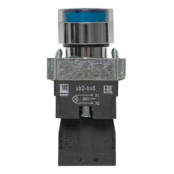 Кнопка EKF XB2; D отверстия= 22 мм; U=24 В; Синий; с подсветкой; возвратный; Плоская (-ий); IP40