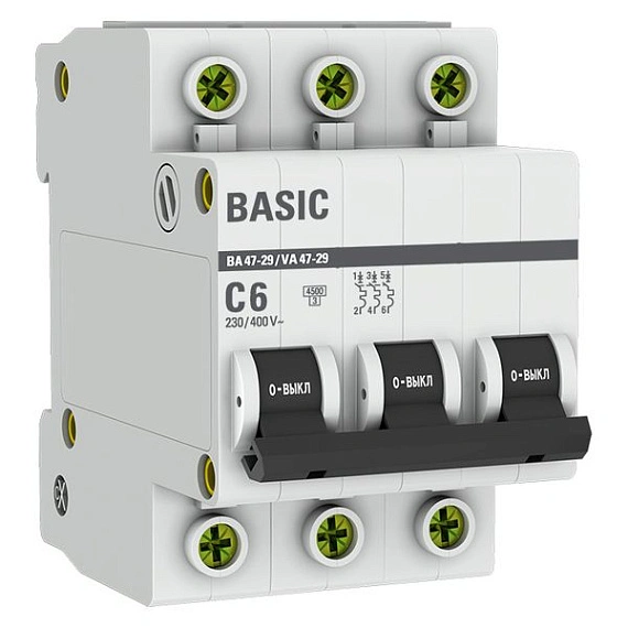 Автоматический выключатель EKF Basic, серия ВА 47-29; I=6 А; хар-ка C; полюсов 3; отключение 4,5 кА