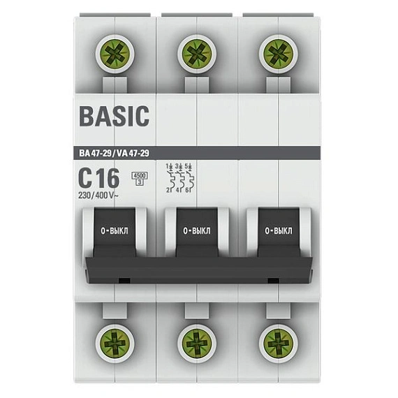 Автоматический выключатель EKF Basic, серия ВА 47-29; I=16 А; хар-ка C; полюсов 3; отключение 4,5 кА