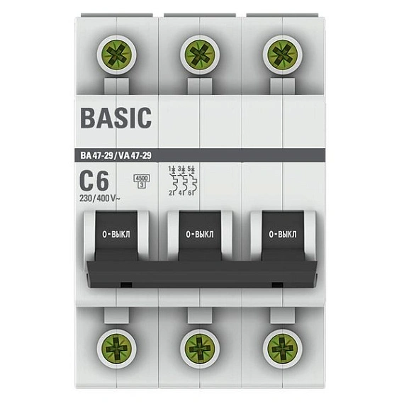 Автоматический выключатель EKF Basic, серия ВА 47-29; I=6 А; хар-ка C; полюсов 3; отключение 4,5 кА