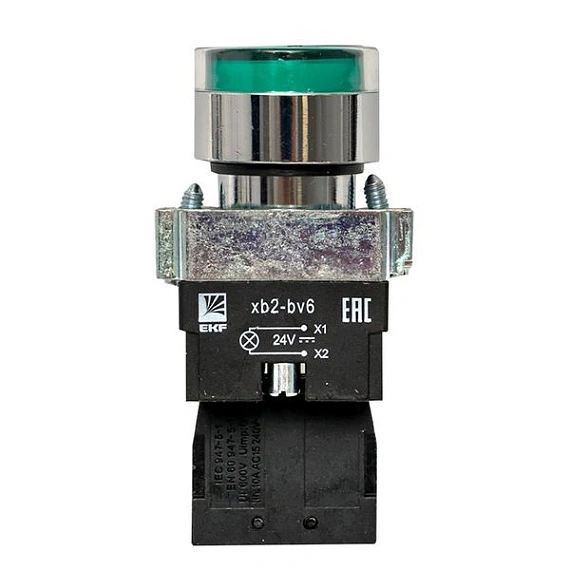 Кнопка EKF XB2; D отверстия= 22 мм; U=24 В; Зеленый; с подсветкой; возвратный; Плоская (-ий); IP40