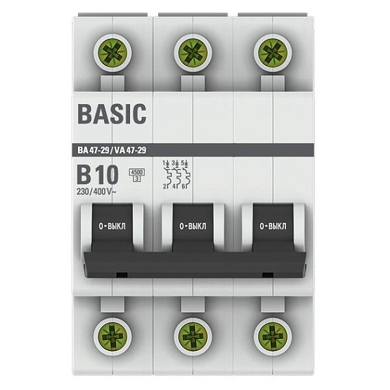 Автоматический выключатель EKF Basic, серия ВА 47-29; I=10 А; хар-ка B; полюсов 3; отключение 4,5 кА