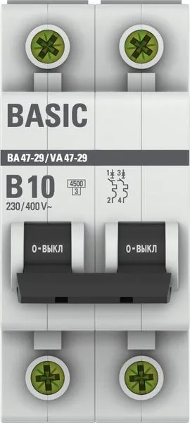 Автоматический выключатель EKF Basic, серия ВА 47-29; I=10 А; хар-ка B; полюсов 2; отключение 4,5 кА