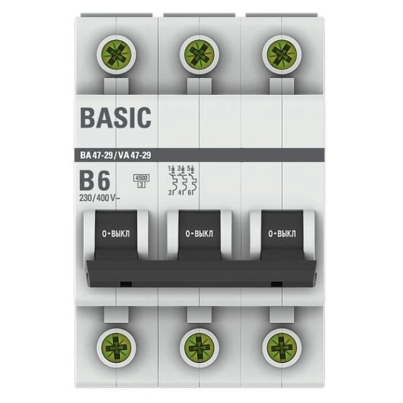 Автоматический выключатель EKF Basic, серия ВА 47-29; I=6 А; хар-ка B; полюсов 3; отключение 4,5 кА